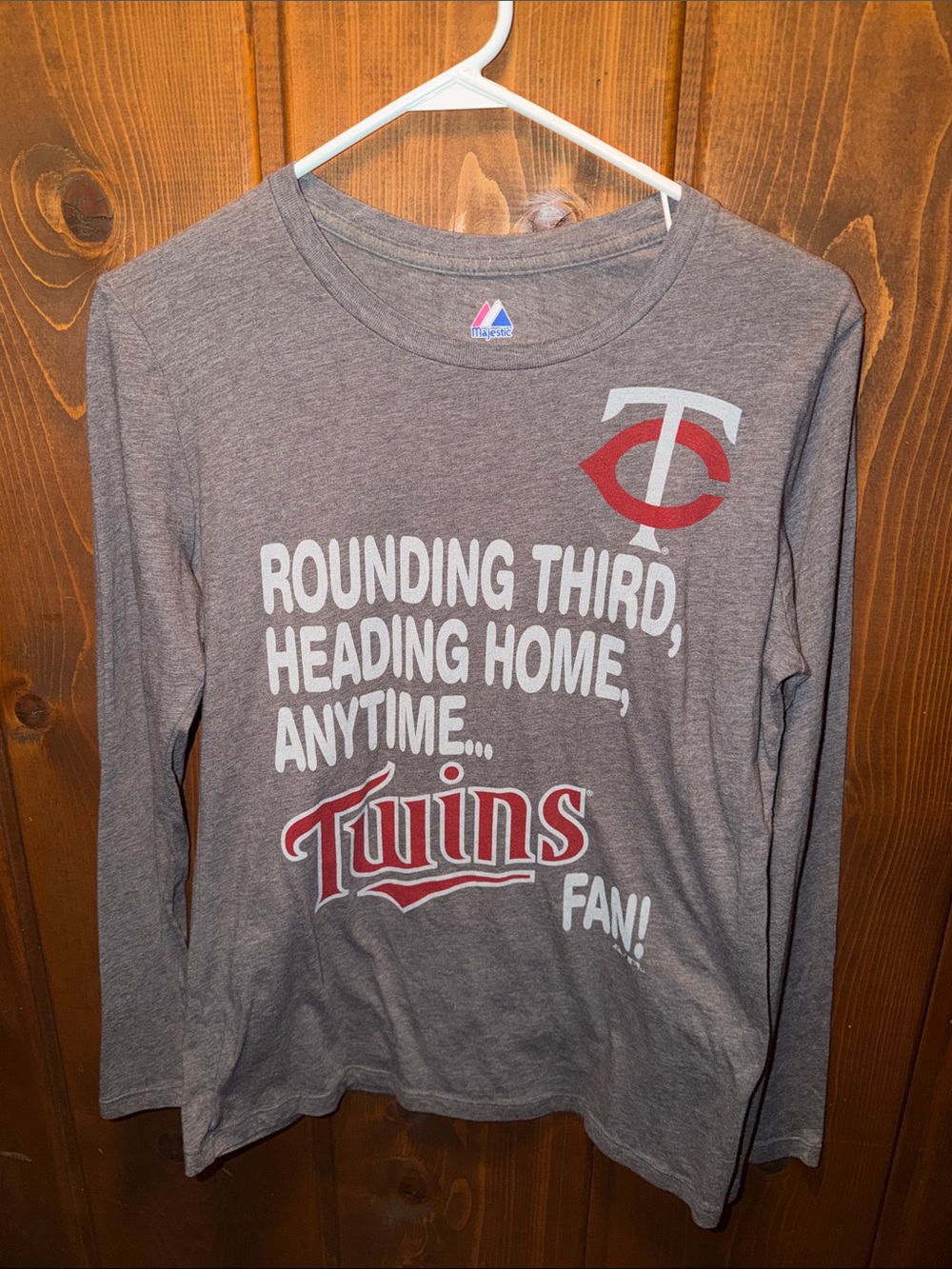 Majestic Gray Minnesota Twins Long Sleeve Tee with Red and White Logo